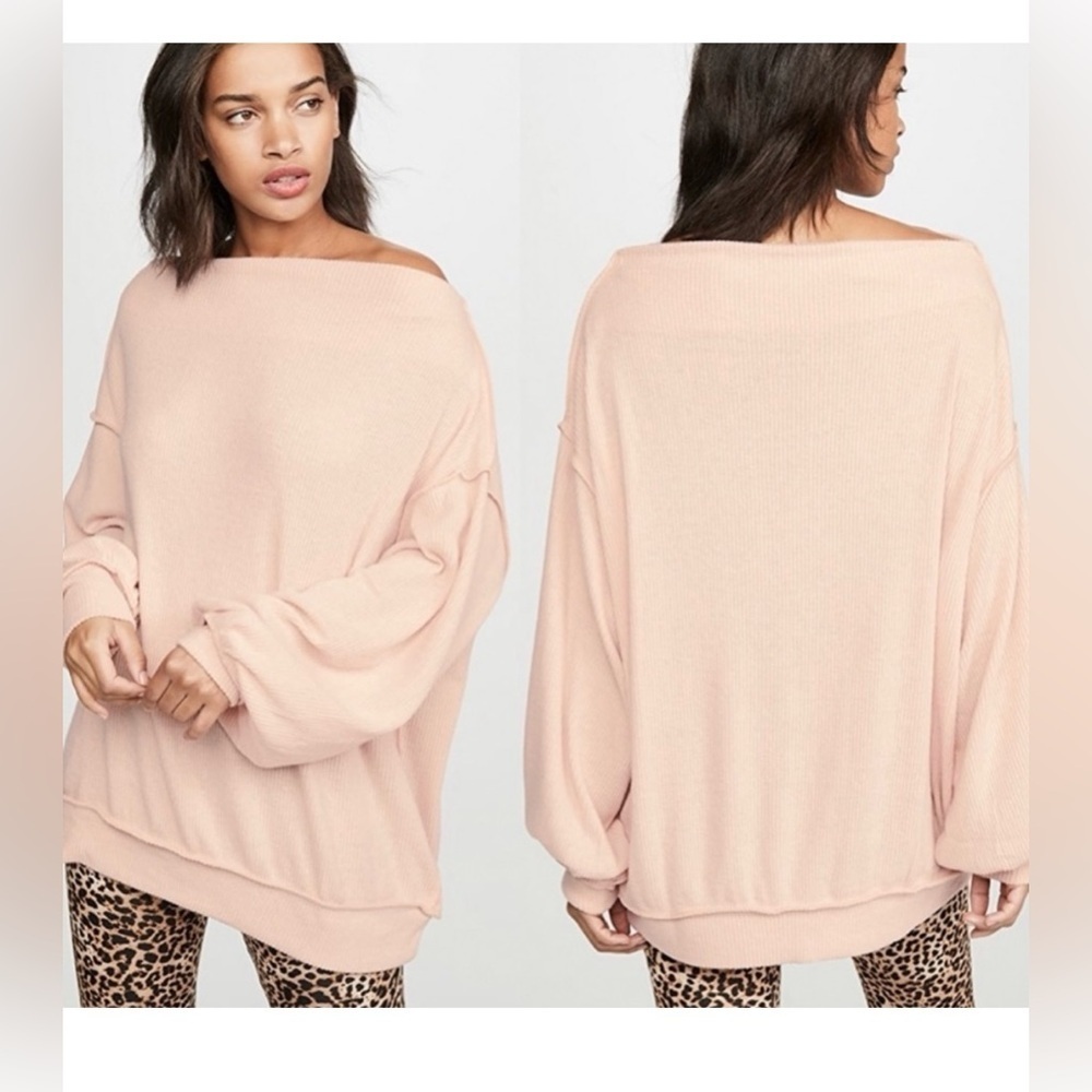 Free People Main Squeeze Hacci Sweater Top Pullover‎ Off Shoulder Peach Pink S